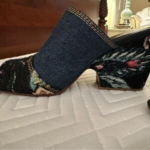 Anthropologie Denim and Black Patterned Mules